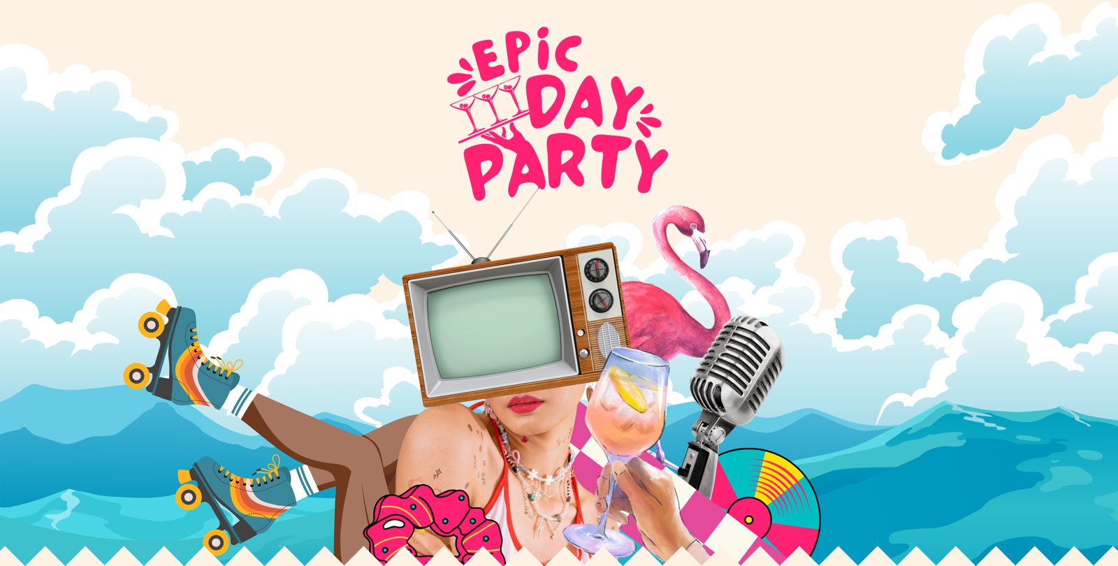 Epic Day Party collage: roller skates, a retro TV, flamingo, mic and a spritz over a Wellington sky